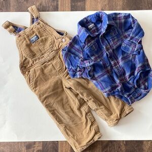KID US 18M OshKosh B'gosh Tan Overalls with Blue Plaid Shirt